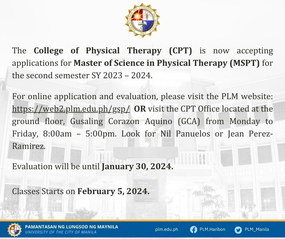 Calling all interested applicants for Master of Science in Physical Therapy (MSPT)