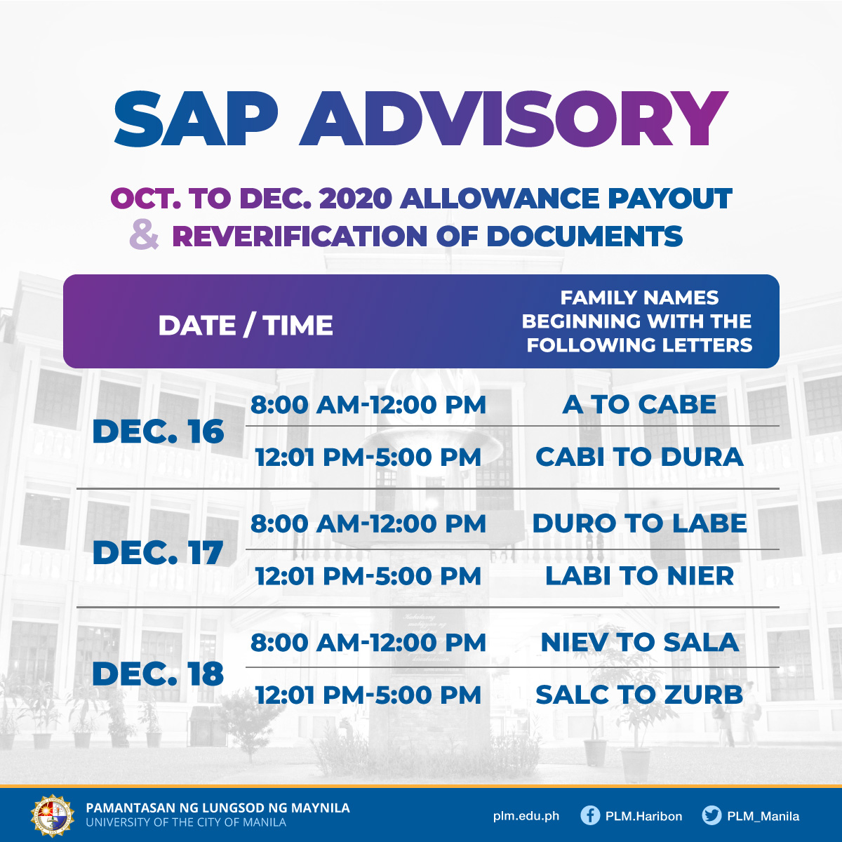 SAP advisory: October to December 2020 payout, reverification of documents schedule
