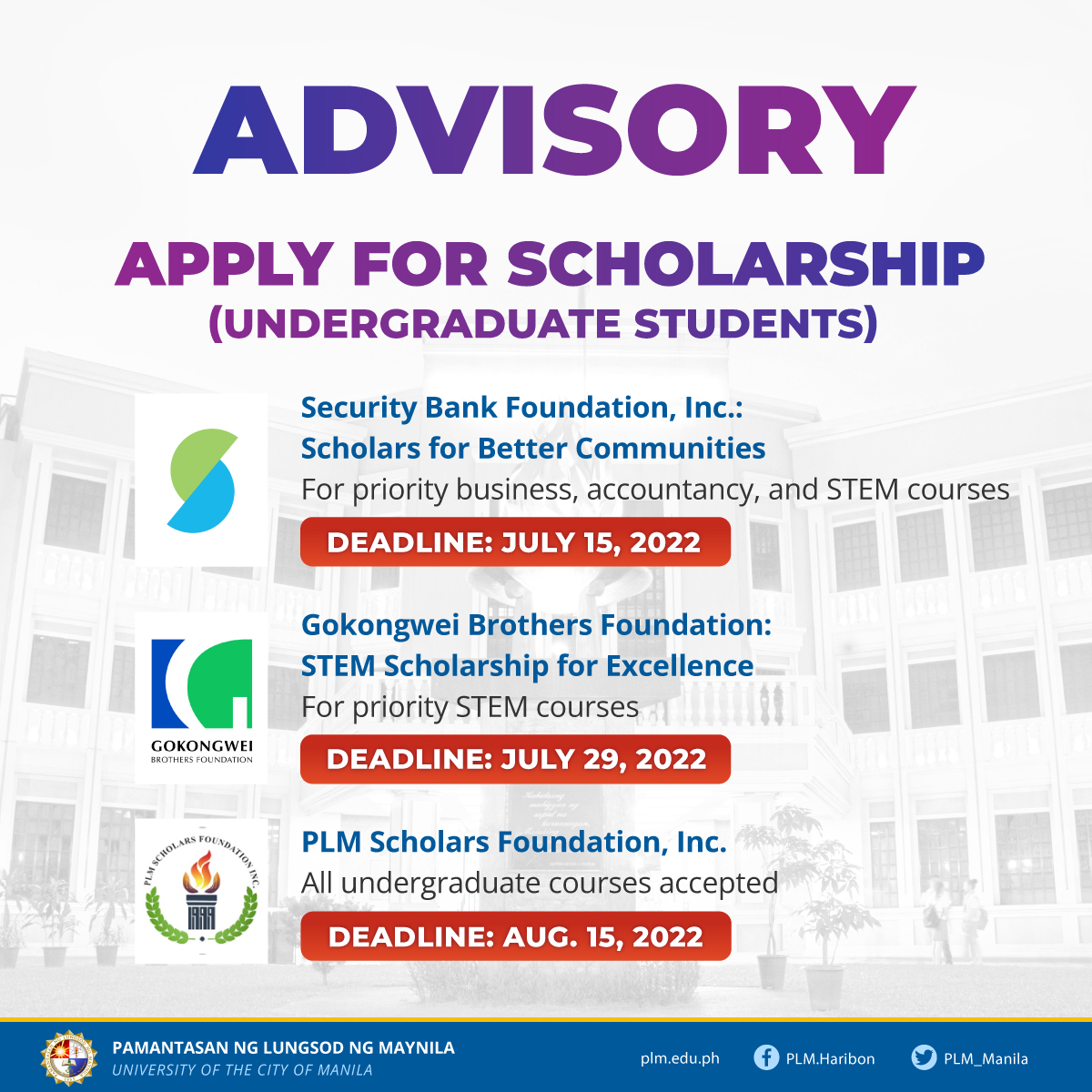 Advisory: Apply for undergraduate scholarship with Security Bank Foundation, PLMSFI, and Gokongwei Brothers Foundation 