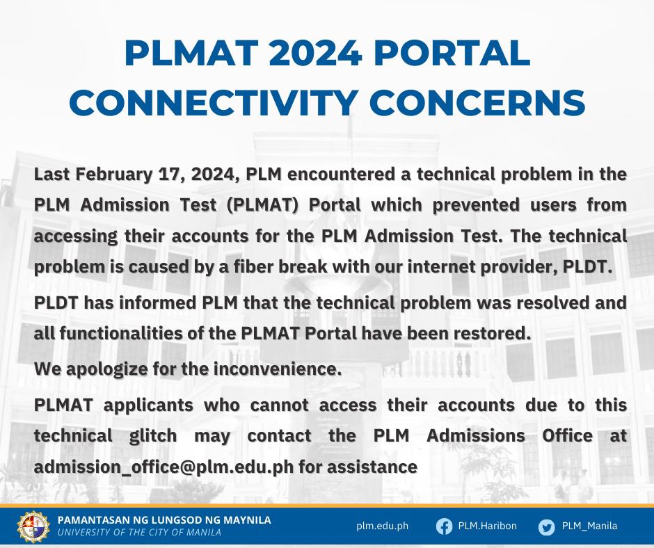 PLMAT 2024 Portal Connectivity has been restored.