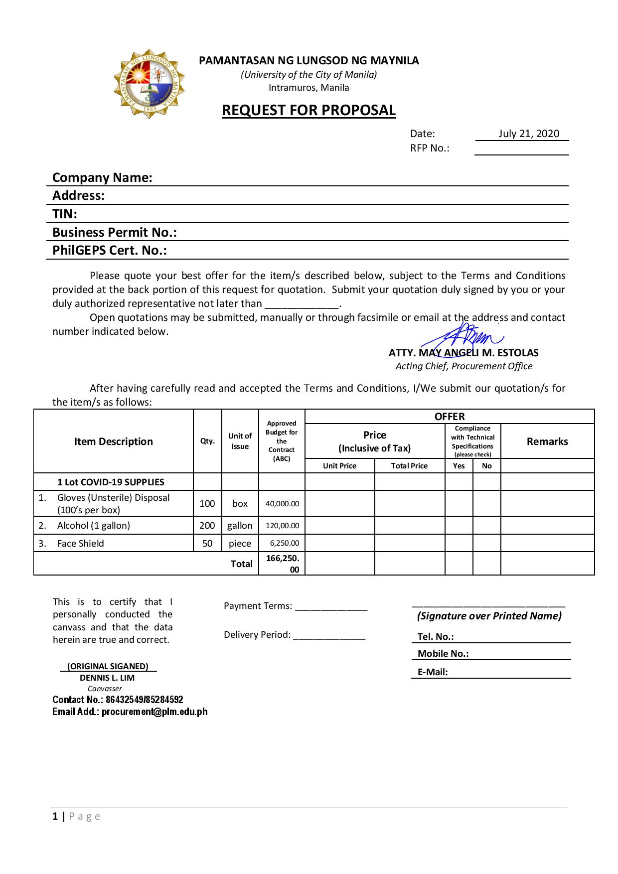 Request for Price Quotation Form 1 Lot COVID 19 SUPPLIES page 001