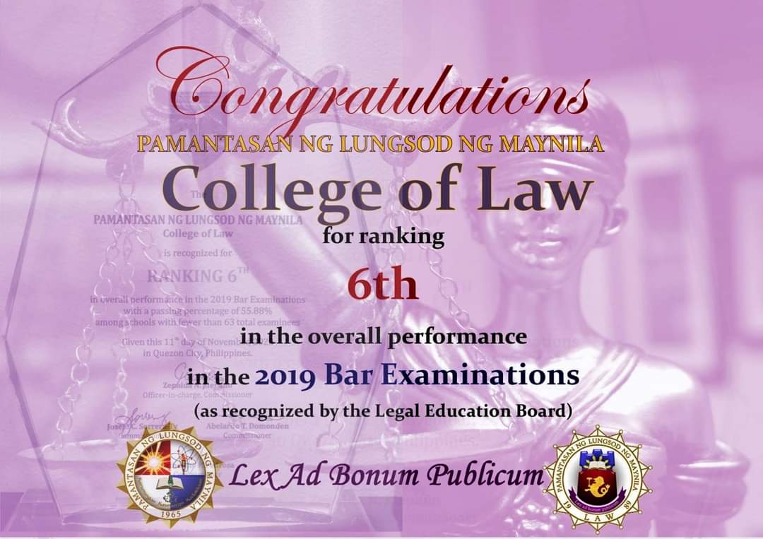 PLM is 6th best performing law school in 2019 Bar exams 
