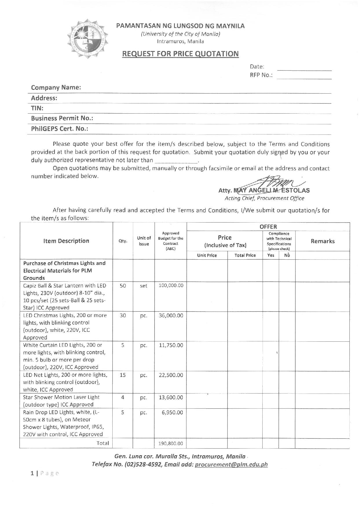 Request for Price Quotation Form Christmas Lights page 001