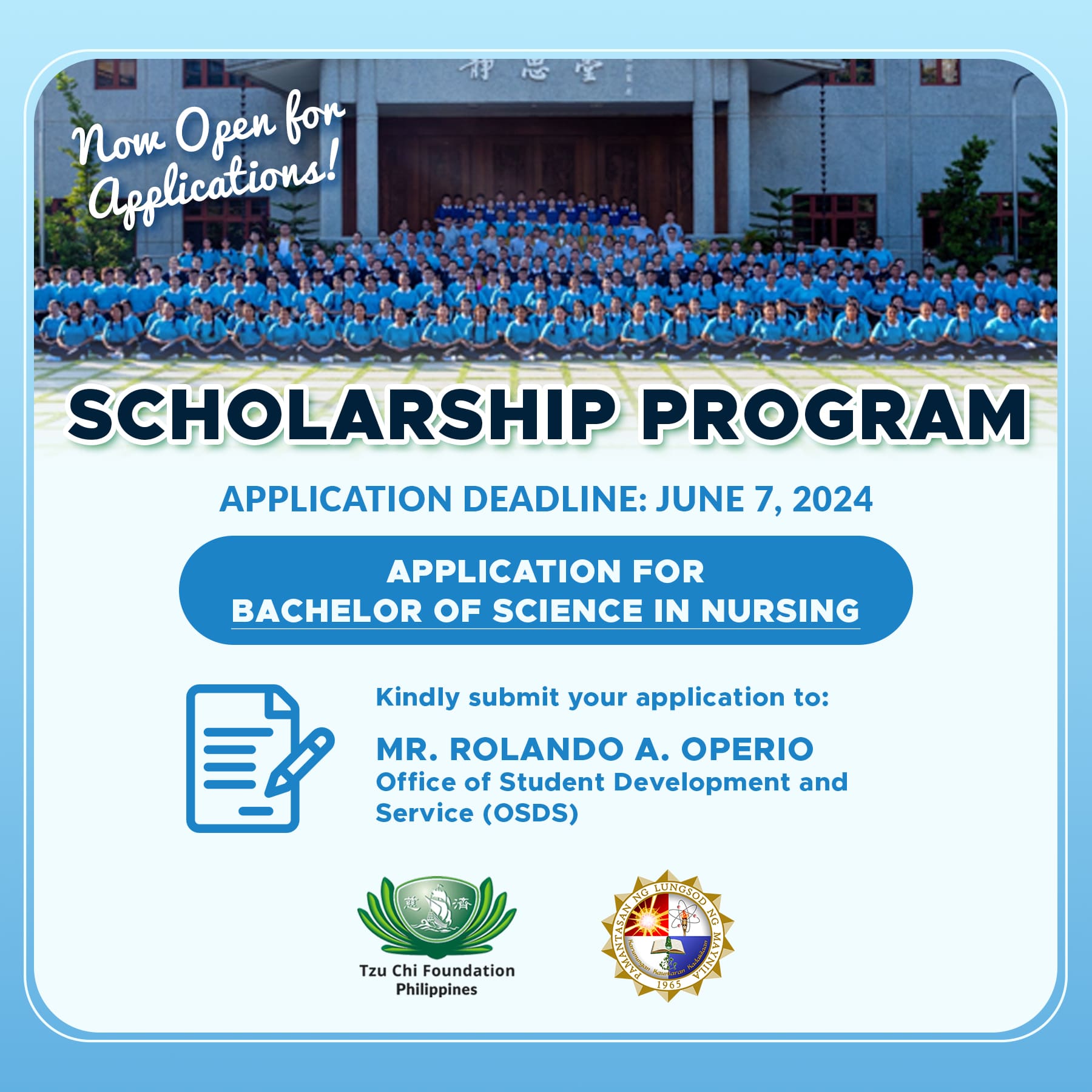 e-poster of Tzu Chi Foundation for the BS Nursing scholarship application.