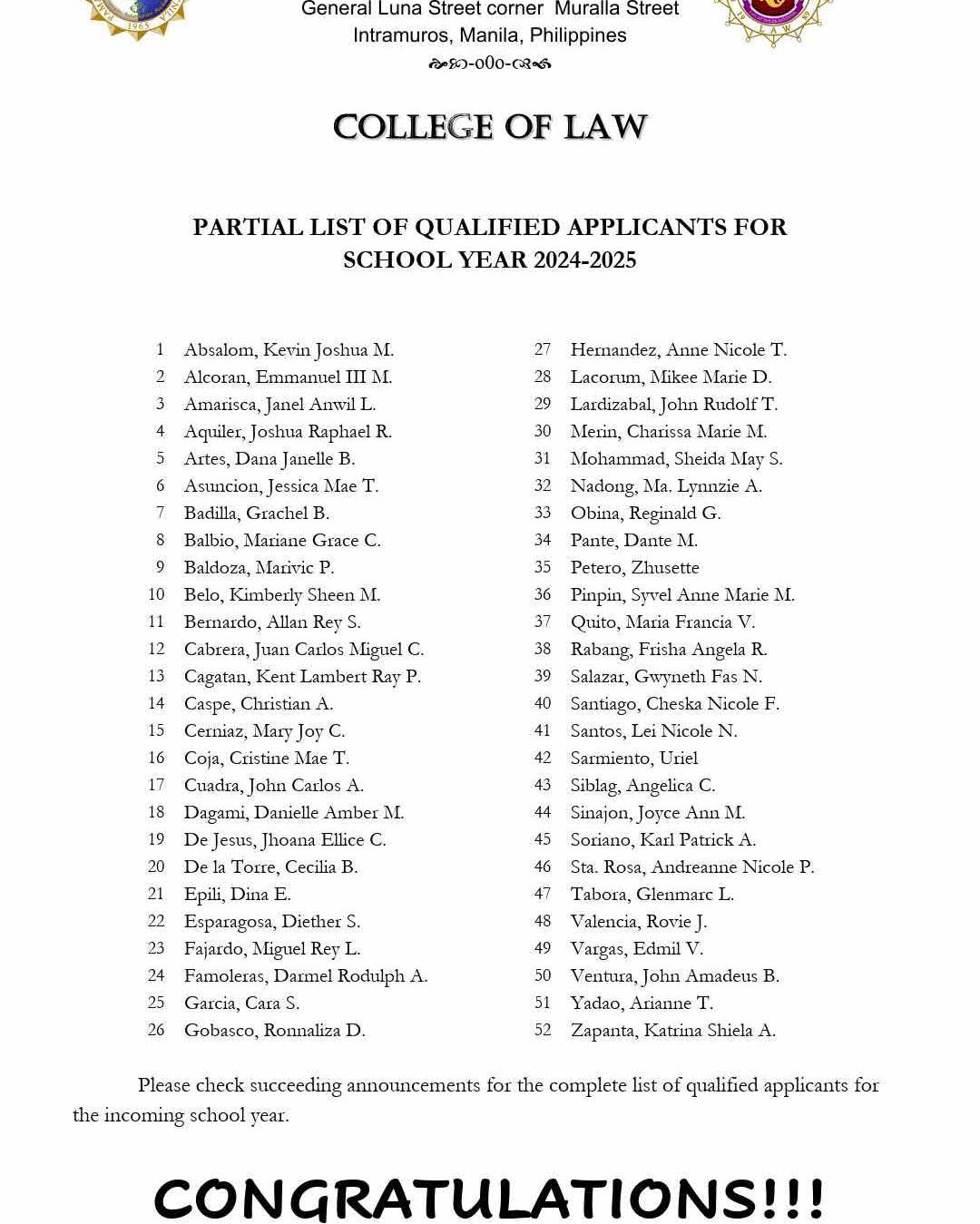 Partial list of qualified applicants at the College of Law for School Year 2024-2025