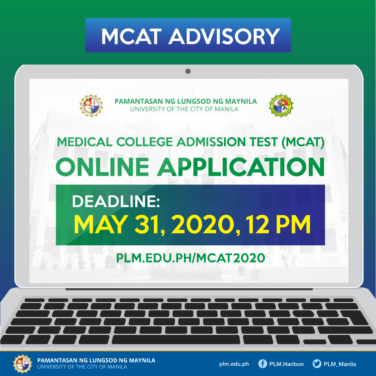 PLM's MCAT deadline extended to May 31, 2020, 12 PM