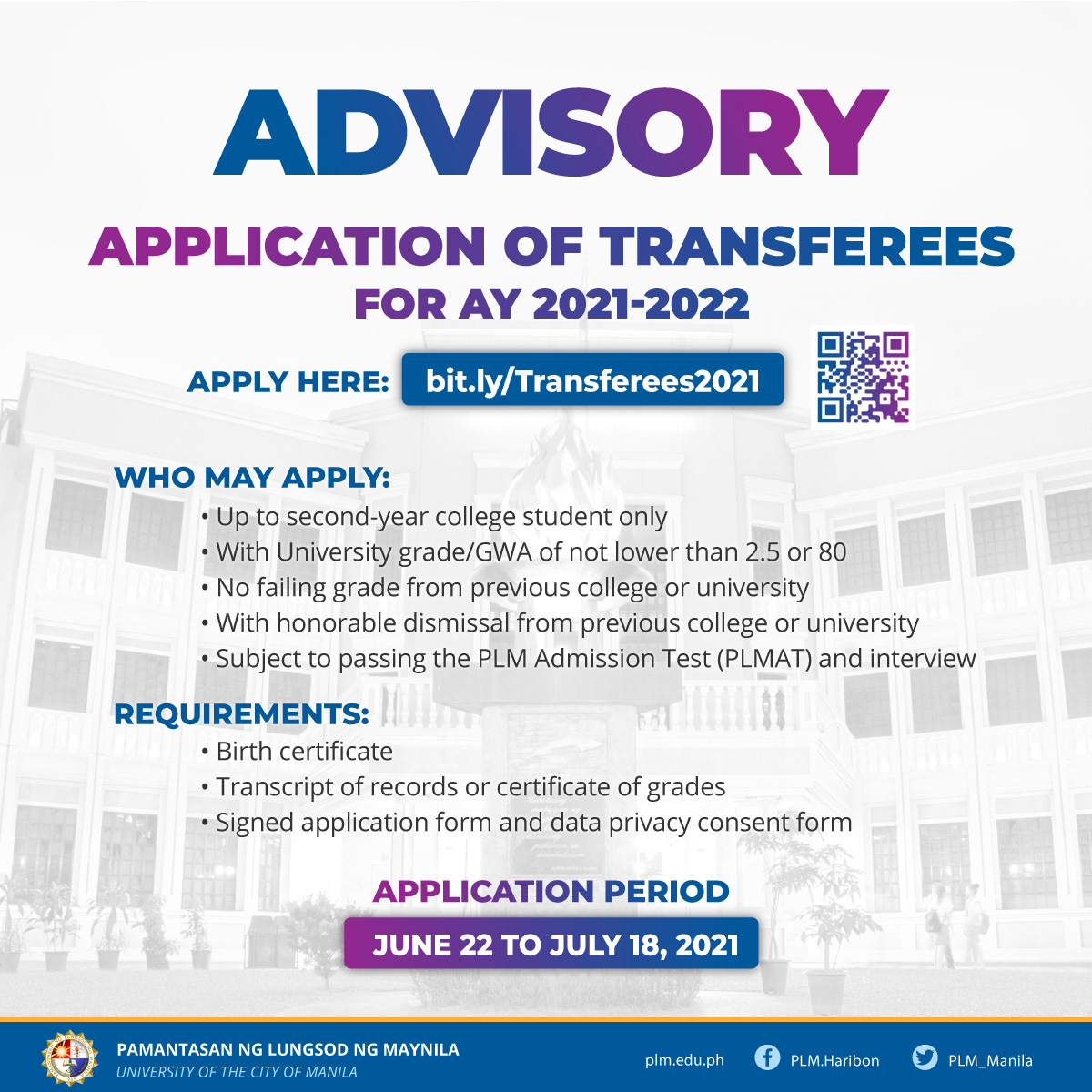 Transferees welcome to apply for AY 2021-2022