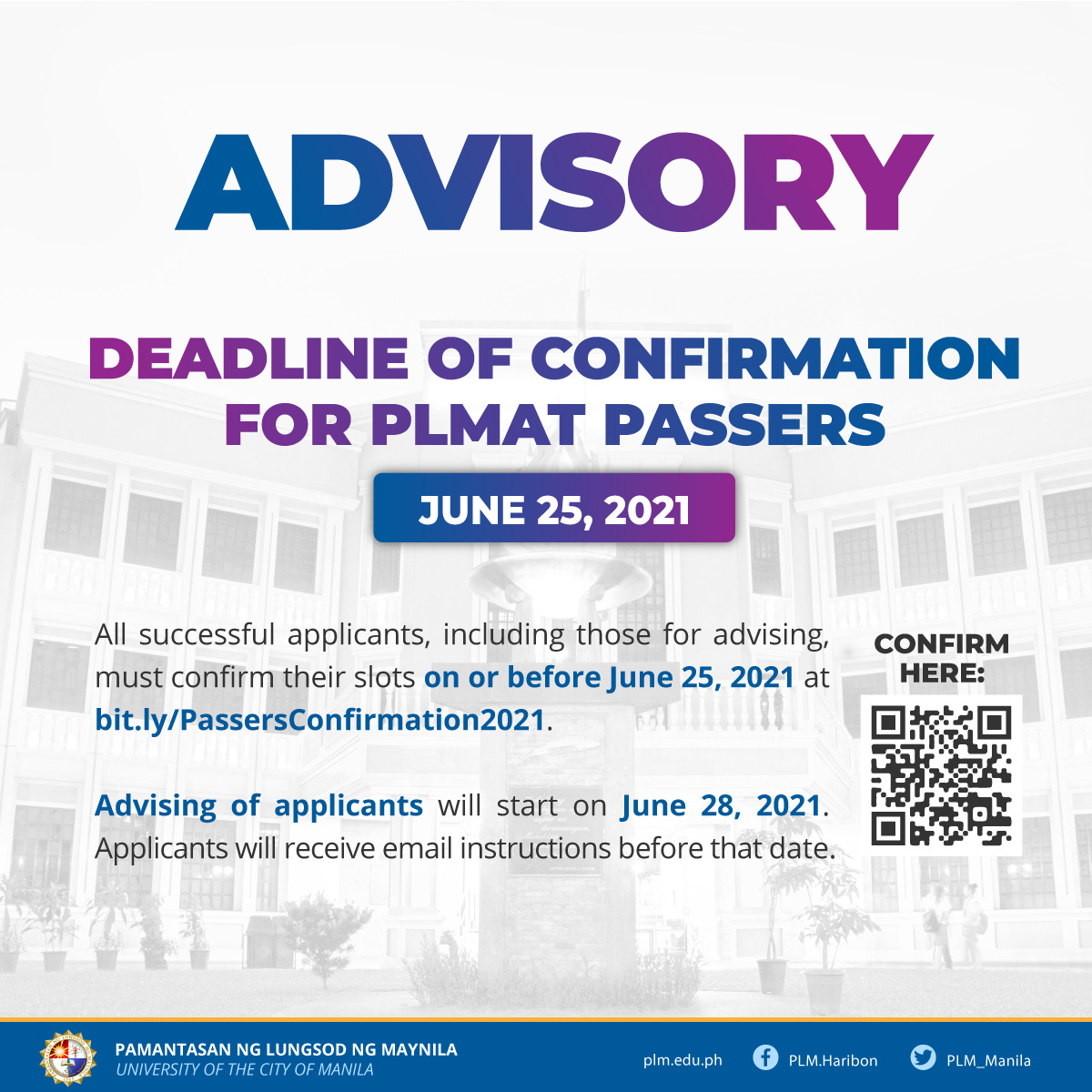 PLMAT passers for AY 2021-2022 must confirm slots