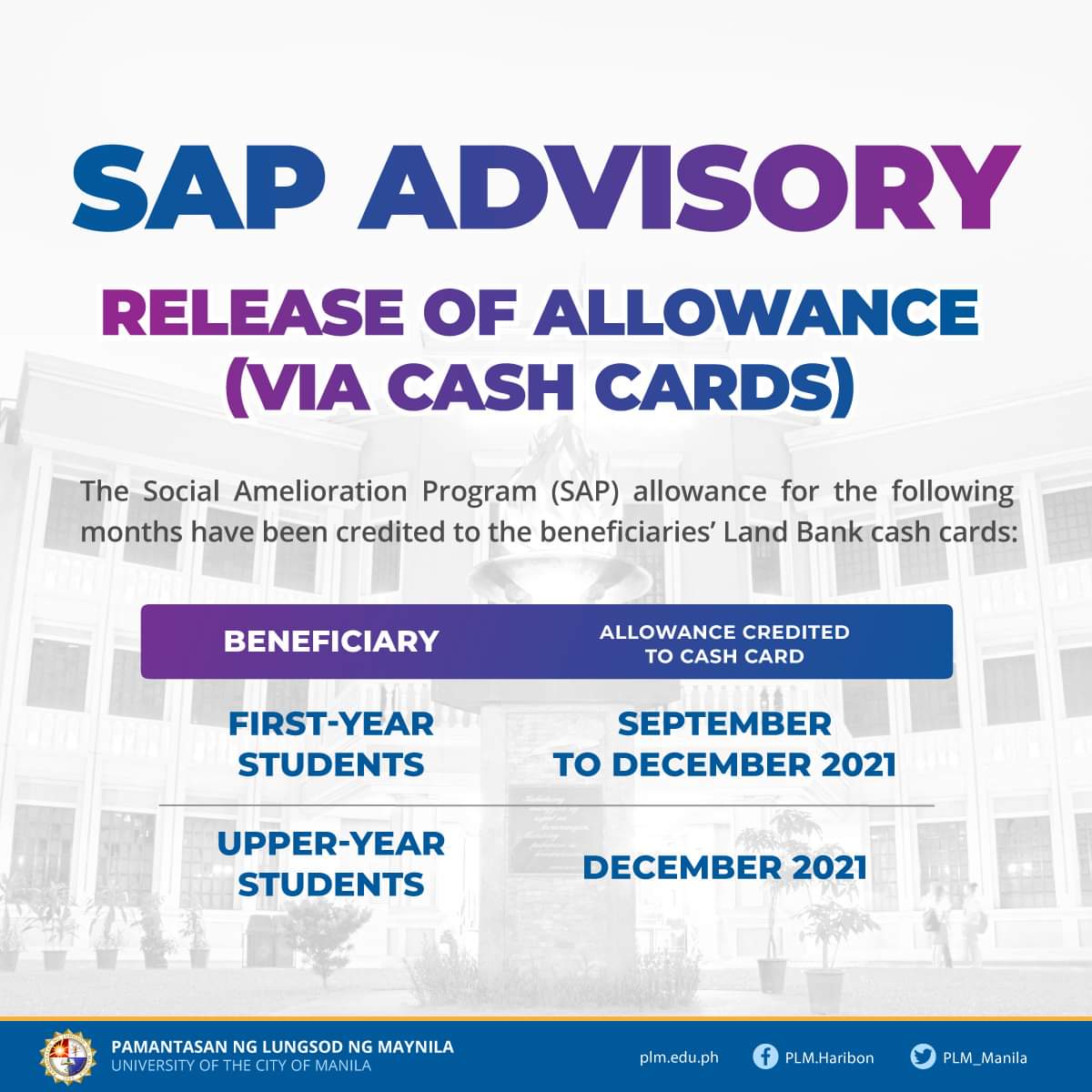 SAP allowance distributed to PLM students via Land Bank cash cards