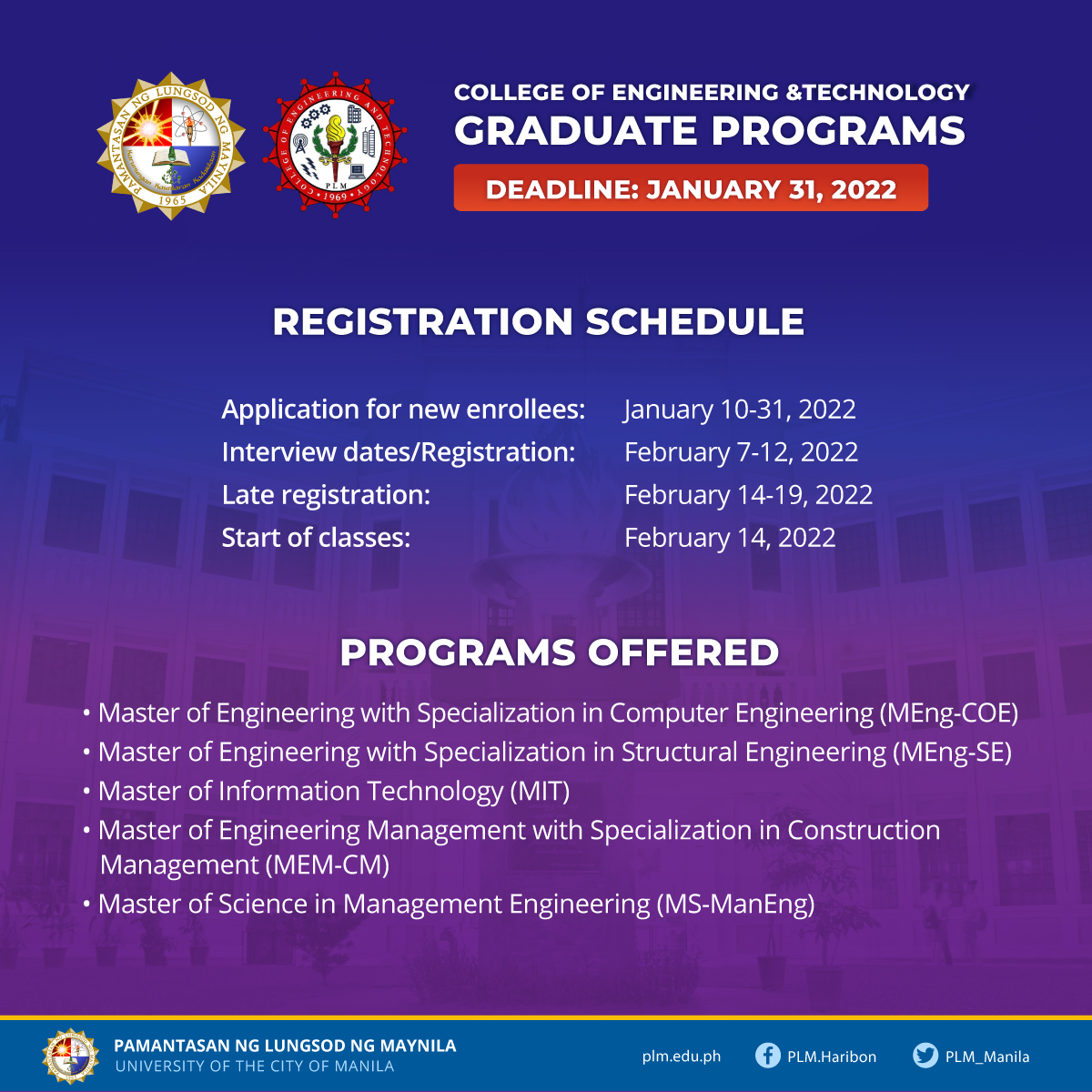 PLM College of Engineering Graduate School graduate programs