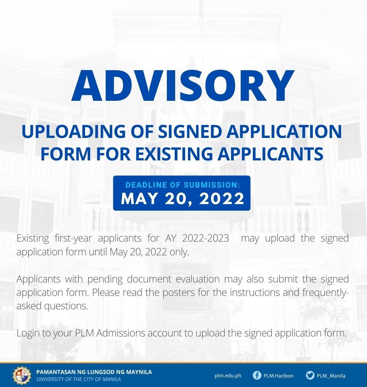 Advisory: Deadline of uploading of signed application form for existing first-year applicants