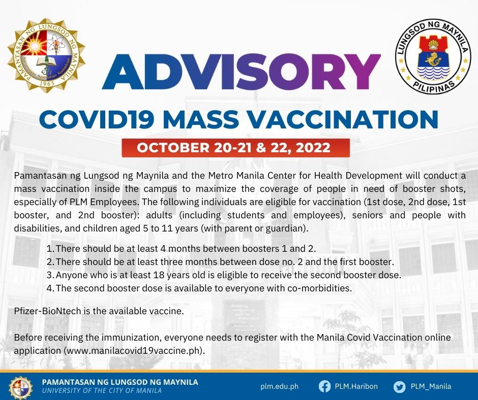 PLM is organizing a MASS VACCINATION on October 20, 21 & 22, 2022.