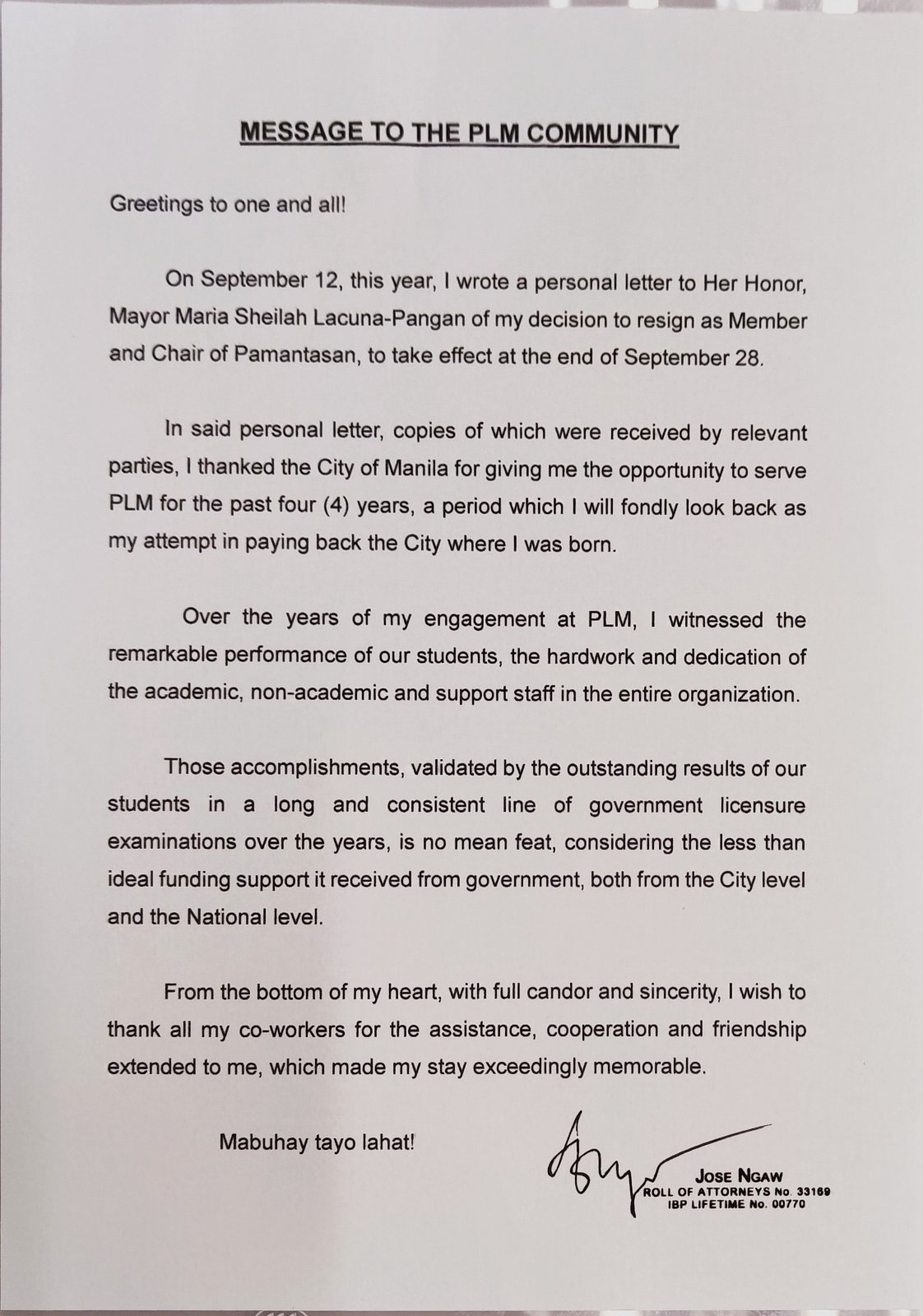 PLM Board of Regents Chairman, Atty. Jose Ngaw's, message to the PLM Community