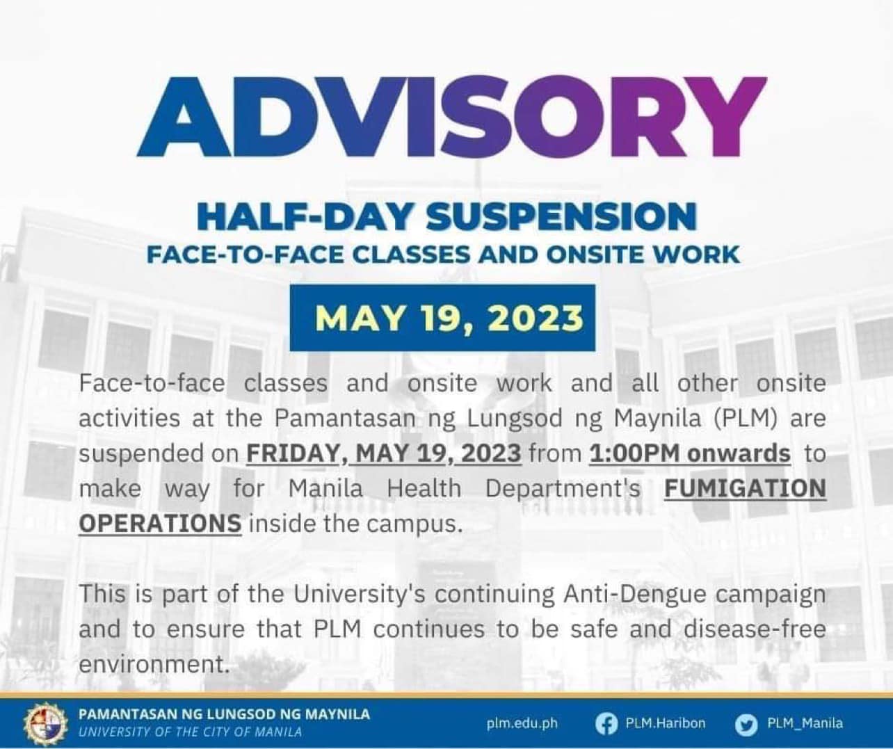 Half-Day Suspension, face to face classes and onsite work