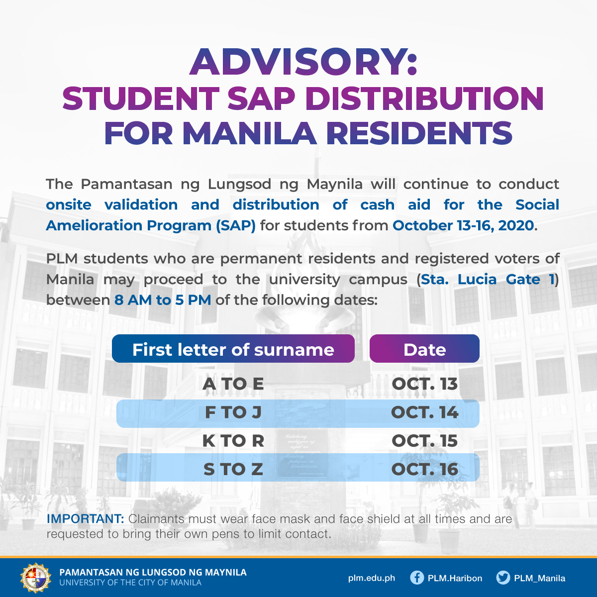Advisory on student SAP distribution for Manila residents