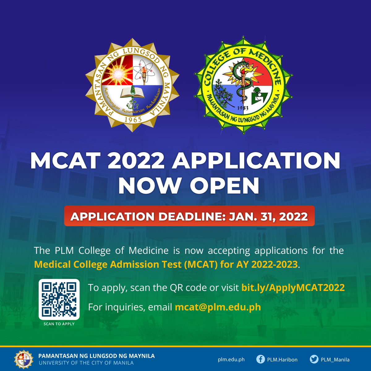 PLM MCAT 2022 application now open