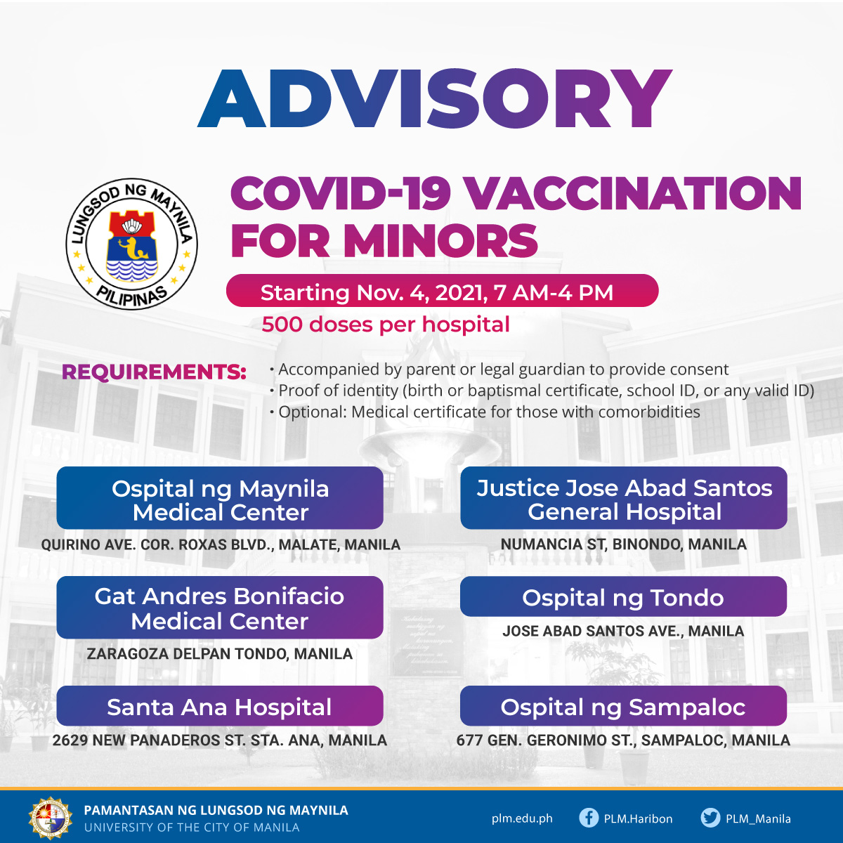 COVID-19 vaccination for minors at Manila City hospitals