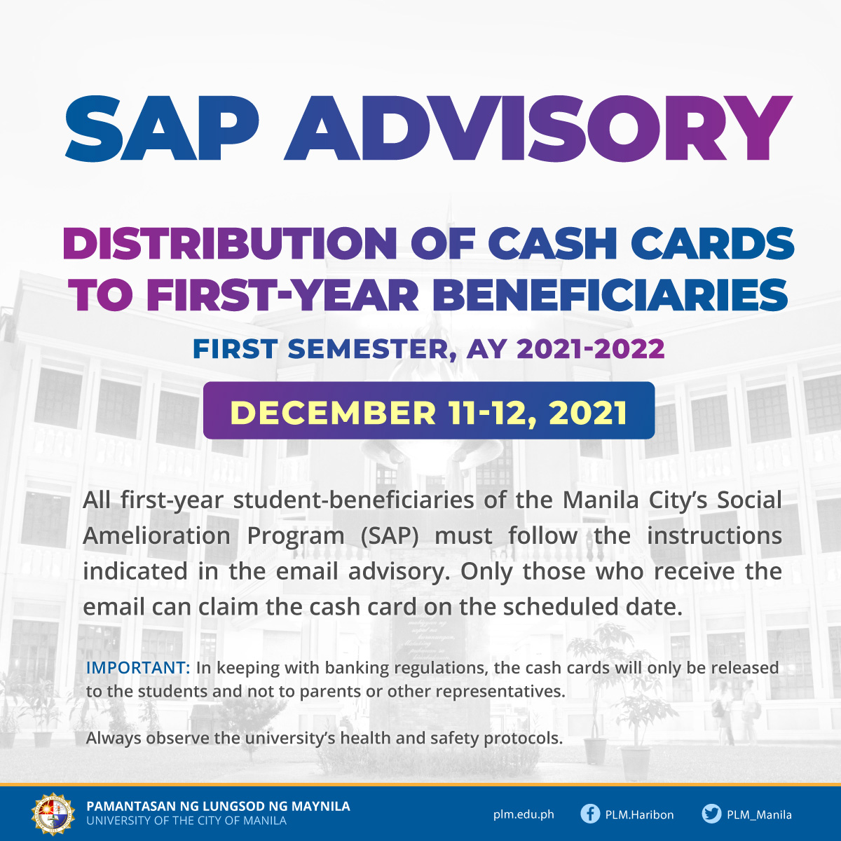 PLM to distribute cash cards for 1st year beneficiaries of SAP