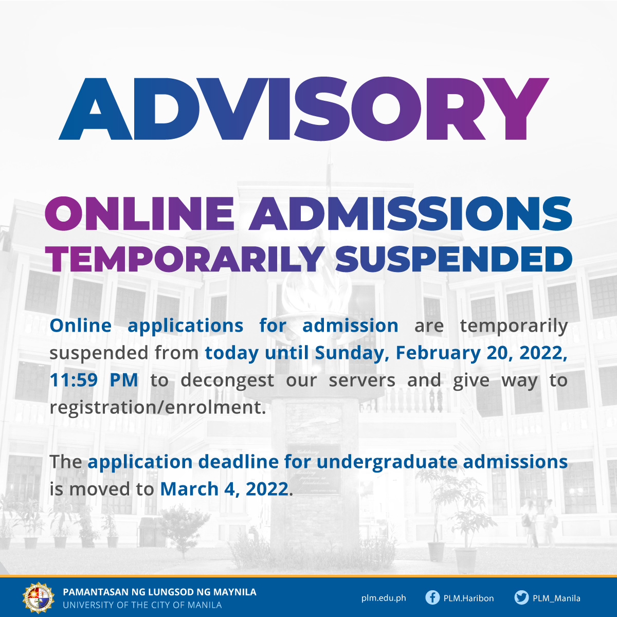 Online admissions temporarily suspended until Feb. 20, 2022