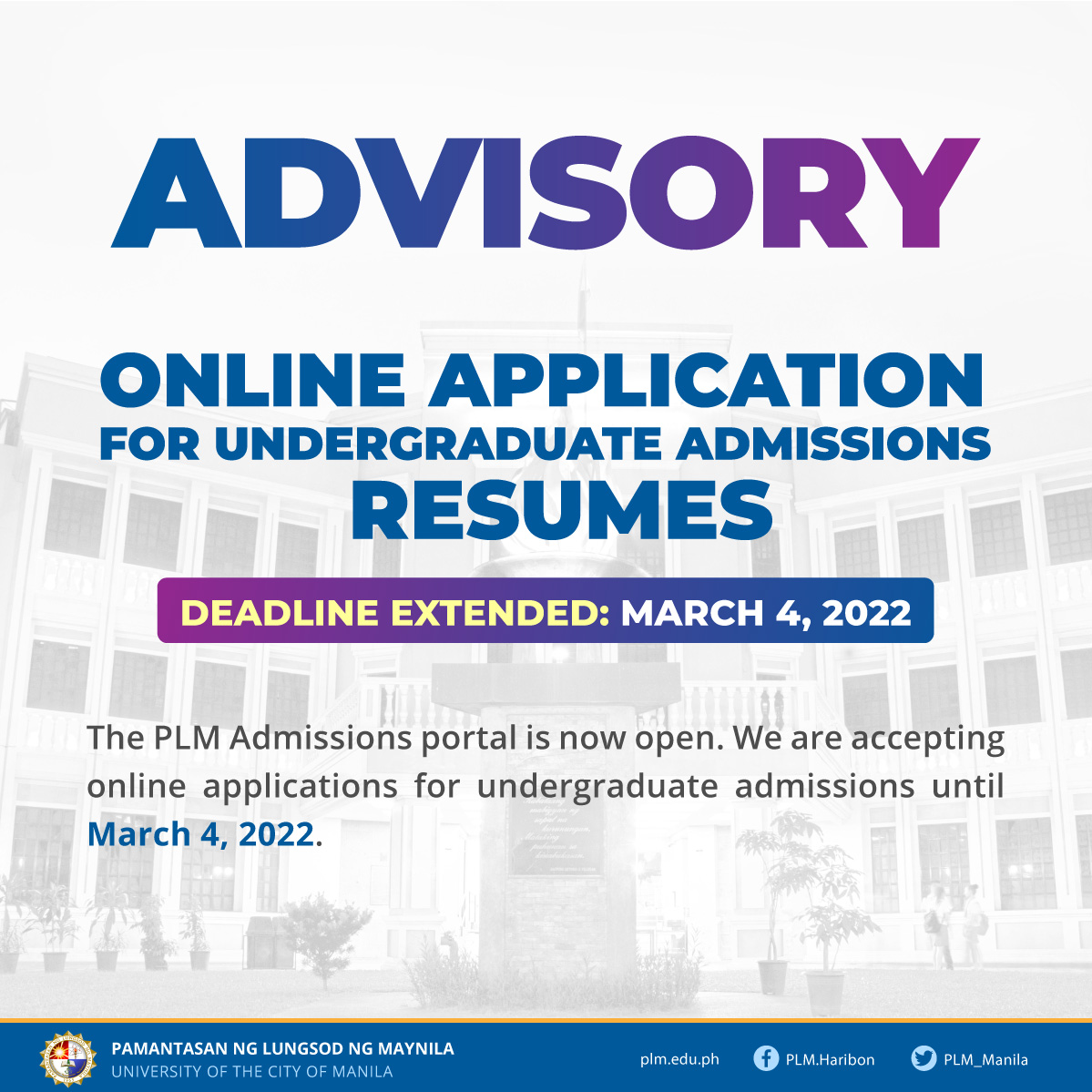 Online admissions resumes; deadline extended until March 4, 2022 