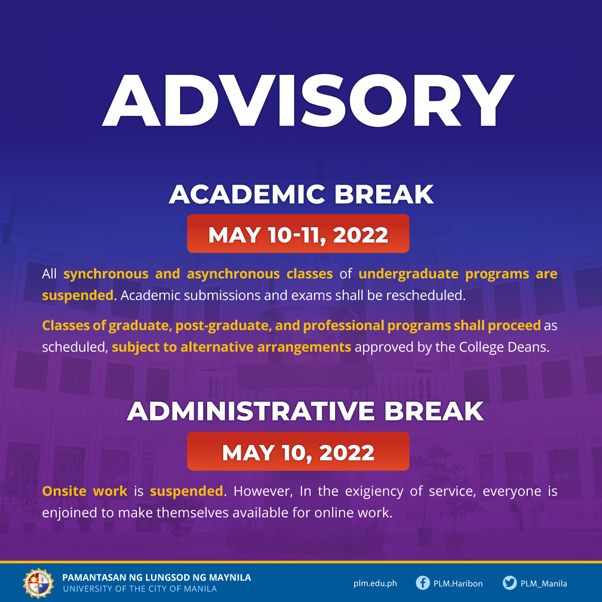 PLM declares academic, admin break on May 10-11