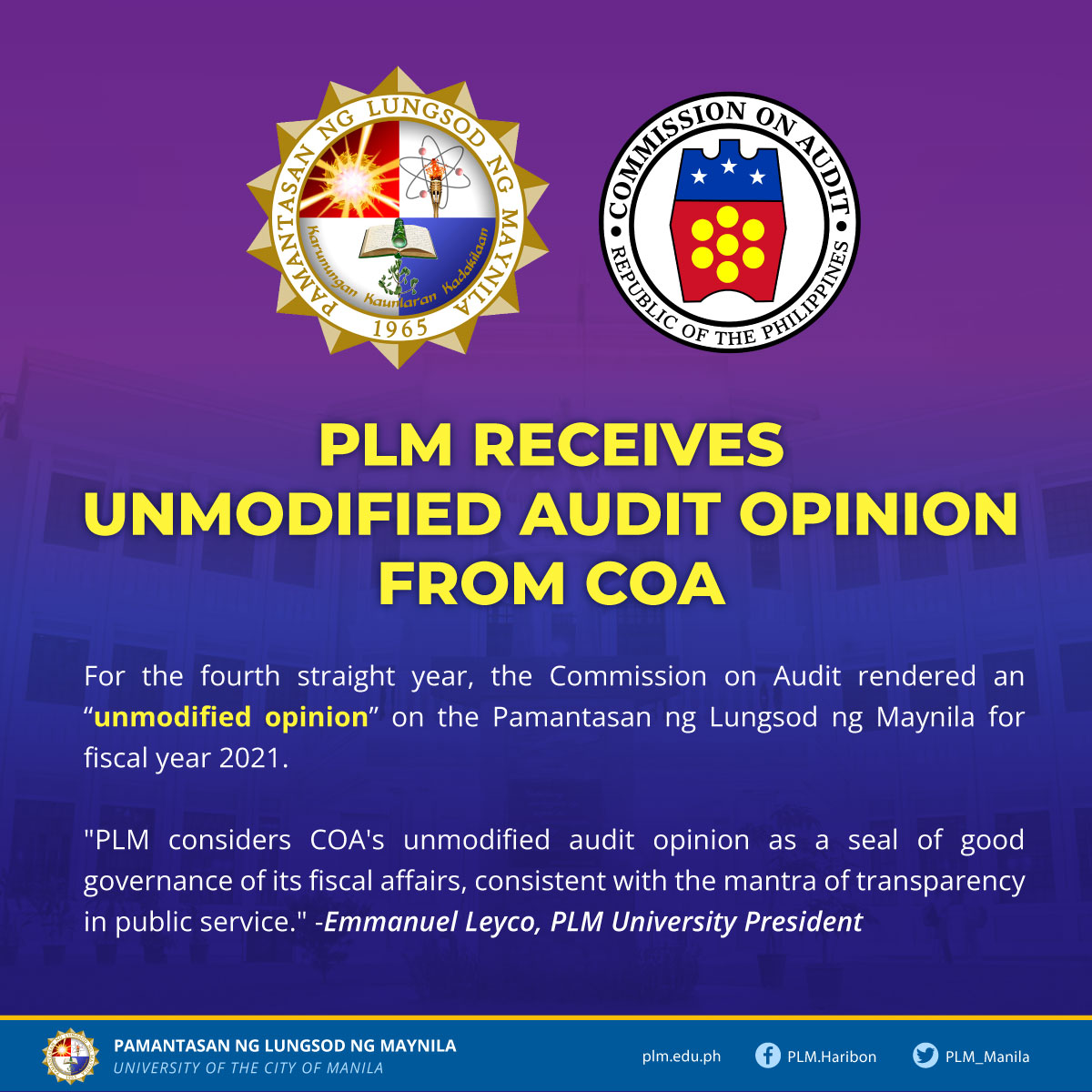 PLM receives unmodified audit rating from COA for the fourth straight year