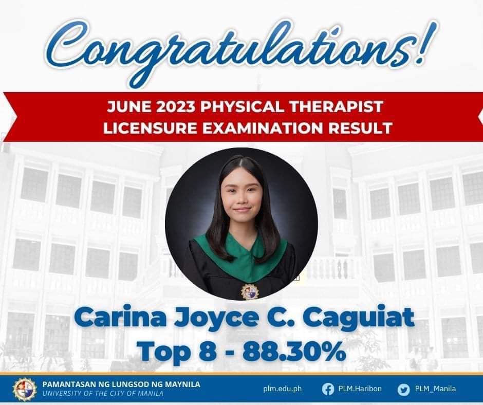 June 2023 Physical Therapist Licensure Examination Carina Joyce C Caguiat top 8
