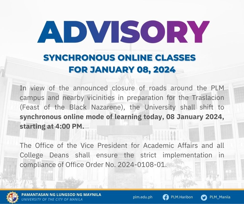 Advisory: Synchronous online classes for January 8, 2024