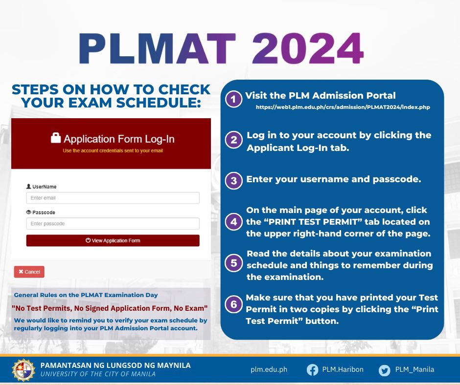 PLMAT 2024 Advisory:  Please ensure you regularly monitor your account to view the status of your application