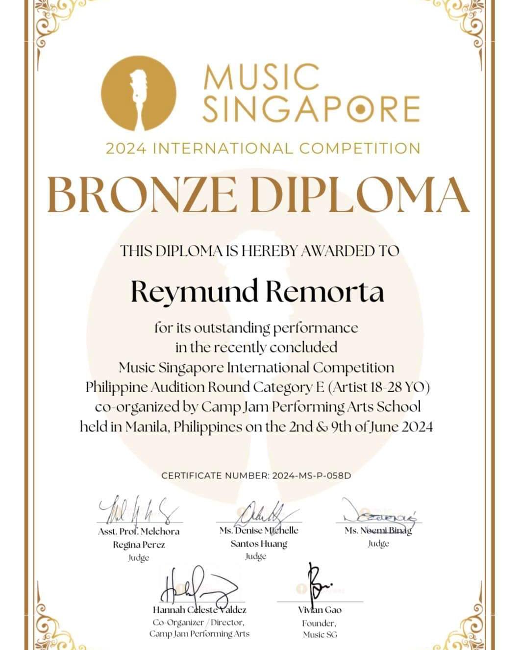 Pride of PLM We warmly and proudly congratulate REYMUND REMORTA Our student from the PLM Department of Music for being the BRONZE DIPLOMA recepient of the first-ever 2024 Music Singapore International Competition Philippine Audition Round. As a recepient, Reymund Remorta  will participate in the Final Round of the competition to be in Singapore on 12-17 August 2024. Kudos to his very talented professor and mentor  Benj Caaway ! From your Barangay PLM Community, congratulations!, and our best wishes and prayers.