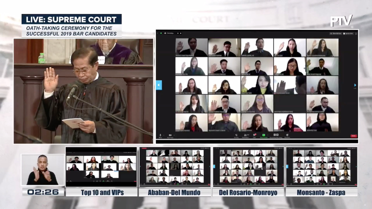 The latest set of PLM lawyers were sworn in by Supreme Court justices through video conference, in light of restrictions on mass gatherings due to the COVID-19 pandemic. A total of 2,103 examinees passed the 2019 Bar.